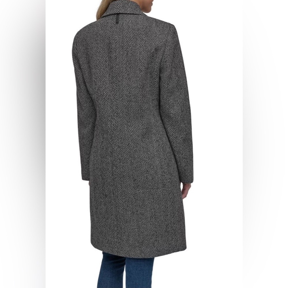 DKNY Women's Double Breasted Faux Wool Top Coat/Overcoat Grey/Black Herringbone - Picture 5 of 10